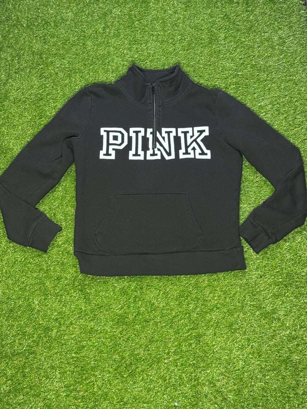 Victoria's Secret PINK Black Quarter-Zip Logo Pullover Sweatshirt Size S